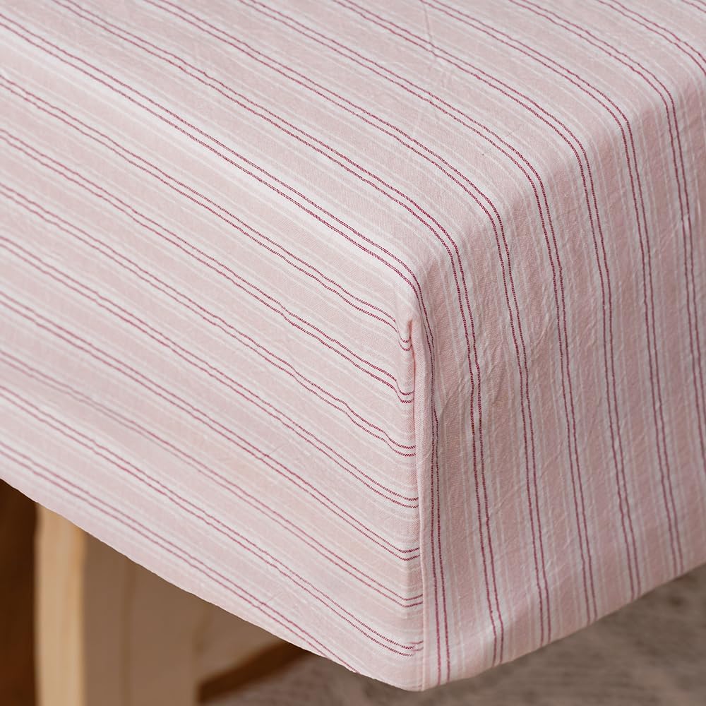 4Pieces Washed Cotton Pink Purple Striped Toddler Bedding Sets Kids Comforter Soft Crib Bed Set Including Comforter, Flat Sheet, Fitted Sheet and Pillowcase, All Season