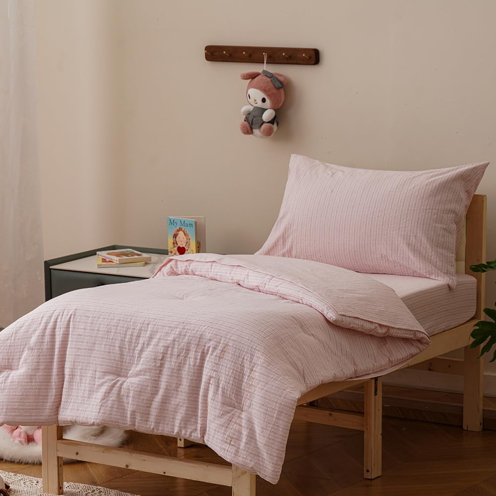 4Pieces Washed Cotton Pink Purple Striped Toddler Bedding Sets Kids Comforter Soft Crib Bed Set Including Comforter, Flat Sheet, Fitted Sheet and Pillowcase, All Season