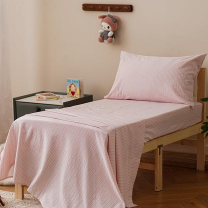 4Pieces Washed Cotton Pink Purple Striped Toddler Bedding Sets Kids Comforter Soft Crib Bed Set Including Comforter, Flat Sheet, Fitted Sheet and Pillowcase, All Season
