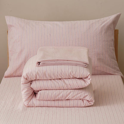 4Pieces Washed Cotton Pink Purple Striped Toddler Bedding Sets Kids Comforter Soft Crib Bed Set Including Comforter, Flat Sheet, Fitted Sheet and Pillowcase, All Season