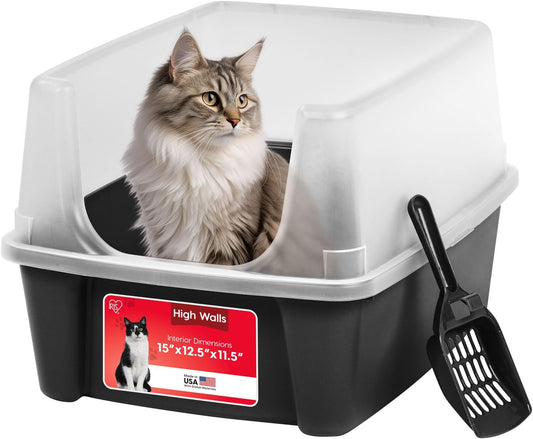 IRIS USA Cat Litter Box Large Open Top with High Sided Walls Tall Scatter Shield Scoop Included Easy Clean Plastic Pan Stain Resistant for Big Cats Kittens Indoor Multi-Cat Households