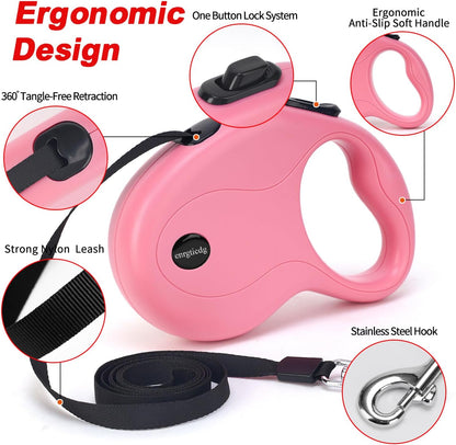 16Ft Retractable Dog Leash,Light Weight Leash for Small to Medium Dogs/Cats Up to 50lbs,Stainless Steel Spring Strong Nylon Tape, Tangle Free, One-Handed Brake.(Pink-Black)