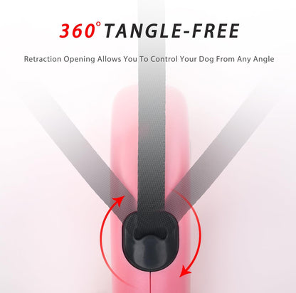 16Ft Retractable Dog Leash,Light Weight Leash for Small to Medium Dogs/Cats Up to 50lbs,Stainless Steel Spring Strong Nylon Tape, Tangle Free, One-Handed Brake.(Pink-Black)