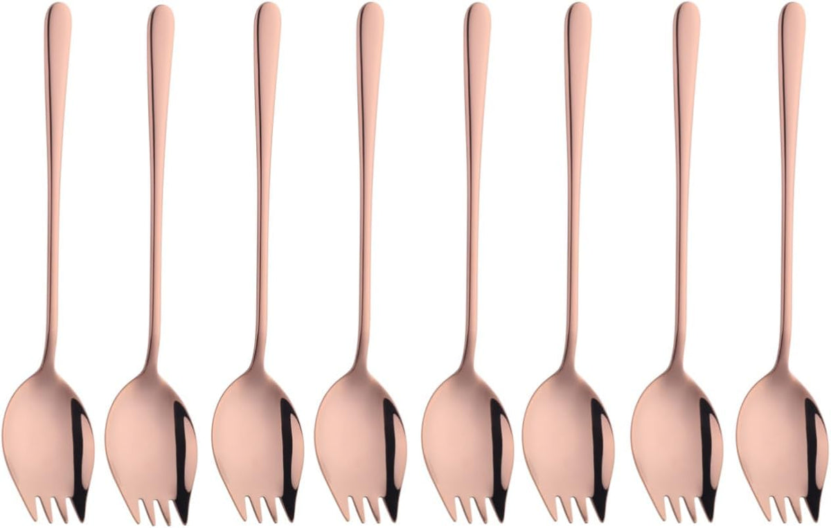 8-Pack Set Stainless Steel Sporks, 8.46 Inches Salad Forks For Dessert, Ice Cream, Salad, Soup, Noodle, Spaghetti, Dishwasher Safe (Rose Gold)
