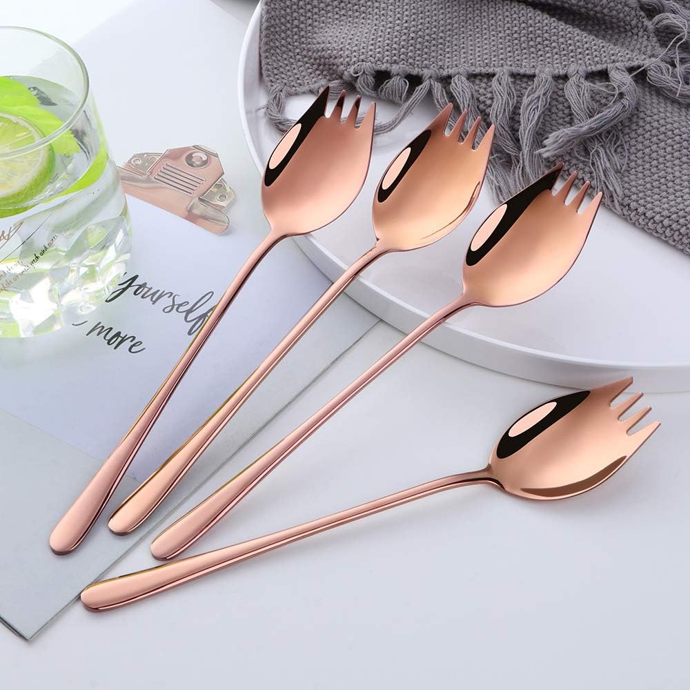 8-Pack Set Stainless Steel Sporks, 8.46 Inches Salad Forks For Dessert, Ice Cream, Salad, Soup, Noodle, Spaghetti, Dishwasher Safe (Rose Gold)