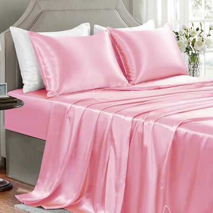 Satin Sheets Full Size - 4 Pieces Luxury Silky Soft Bed Sheets, Wrinkle-Free Light Pink Satin Silk Sheet Set with 1 Deep Pocket Fitted Sheet, 1 Flat Sheet, 2 Pillow Cases