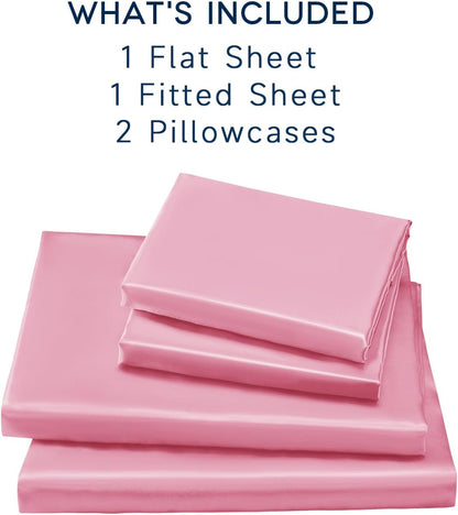 Satin Sheets Full Size - 4 Pieces Luxury Silky Soft Bed Sheets, Wrinkle-Free Light Pink Satin Silk Sheet Set with 1 Deep Pocket Fitted Sheet, 1 Flat Sheet, 2 Pillow Cases