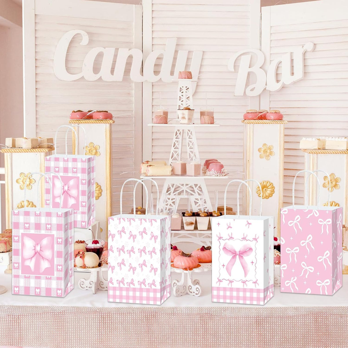 12 Pcs Pink Ribbon Bow Gift Bags with Handles, Plaid Kraft Paper Bags for Coquette-Style Birthday Party Favors, Baby Shower, Wedding, Girls Tea Party, Cute Pink Goodie Bag Bulk for Treats and Gifts