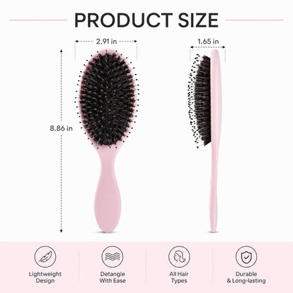 Boar Bristles Hair Brush for Women and Men, Detangling Hair Brush for Smoothing Massage Add Shine, Nylon&Boar Bristles Detangler brush for Hair Healthy (1 Pack-Pink)