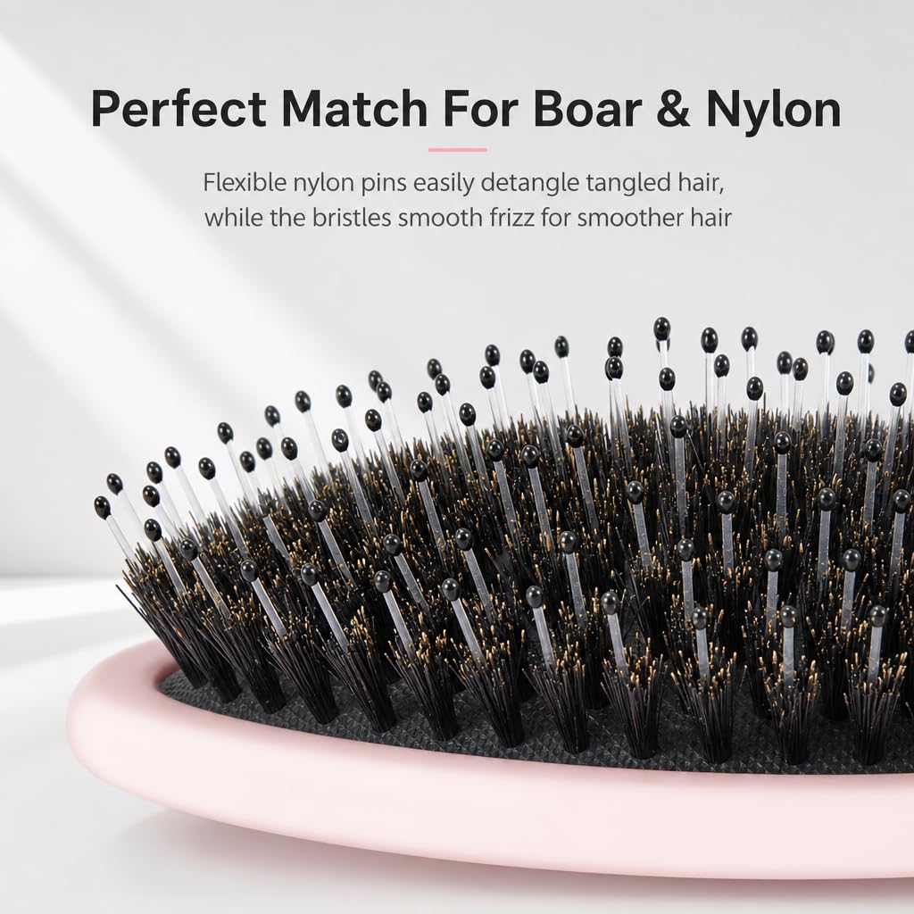 Boar Bristles Hair Brush for Women and Men, Detangling Hair Brush for Smoothing Massage Add Shine, Nylon&Boar Bristles Detangler brush for Hair Healthy (1 Pack-Pink)