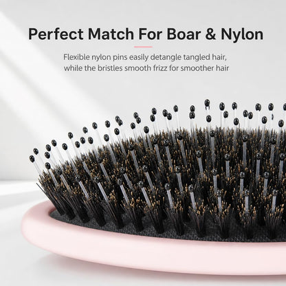 Boar Bristles Hair Brush for Women and Men, Detangling Hair Brush for Smoothing Massage Add Shine, Nylon&Boar Bristles Detangler brush for Hair Healthy (1 Pack-Pink)
