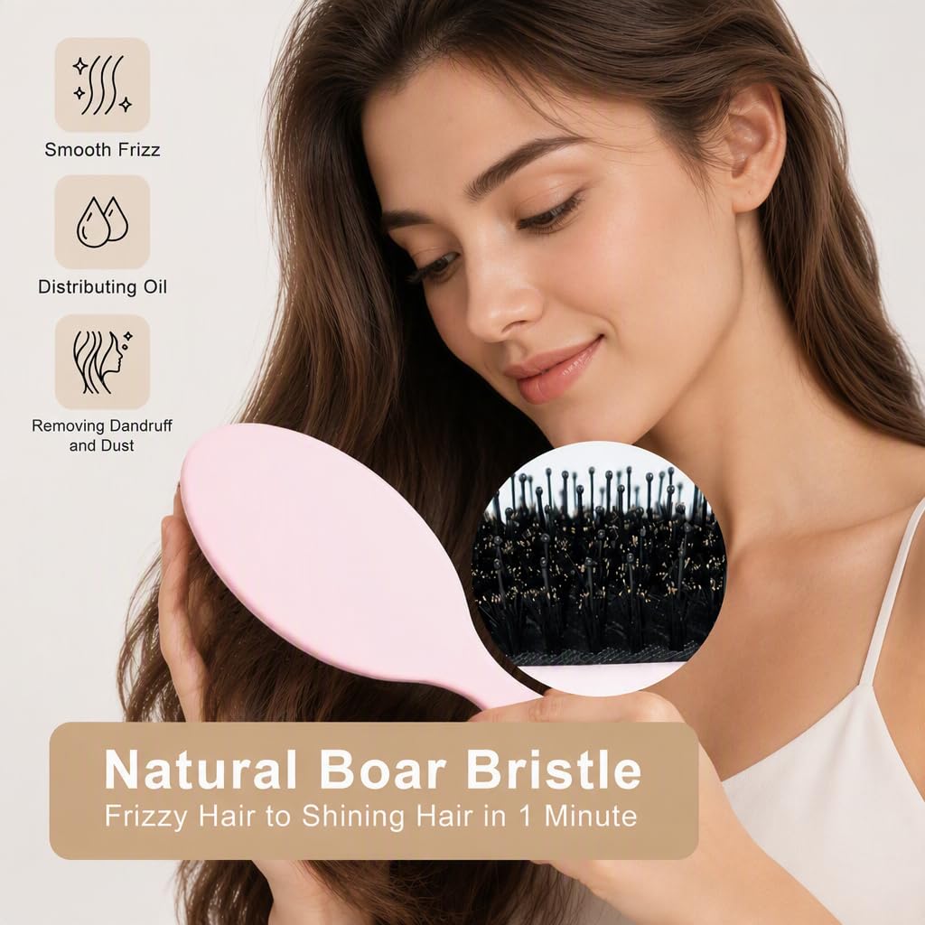 Boar Bristles Hair Brush for Women and Men, Detangling Hair Brush for Smoothing Massage Add Shine, Nylon&Boar Bristles Detangler brush for Hair Healthy (1 Pack-Pink)