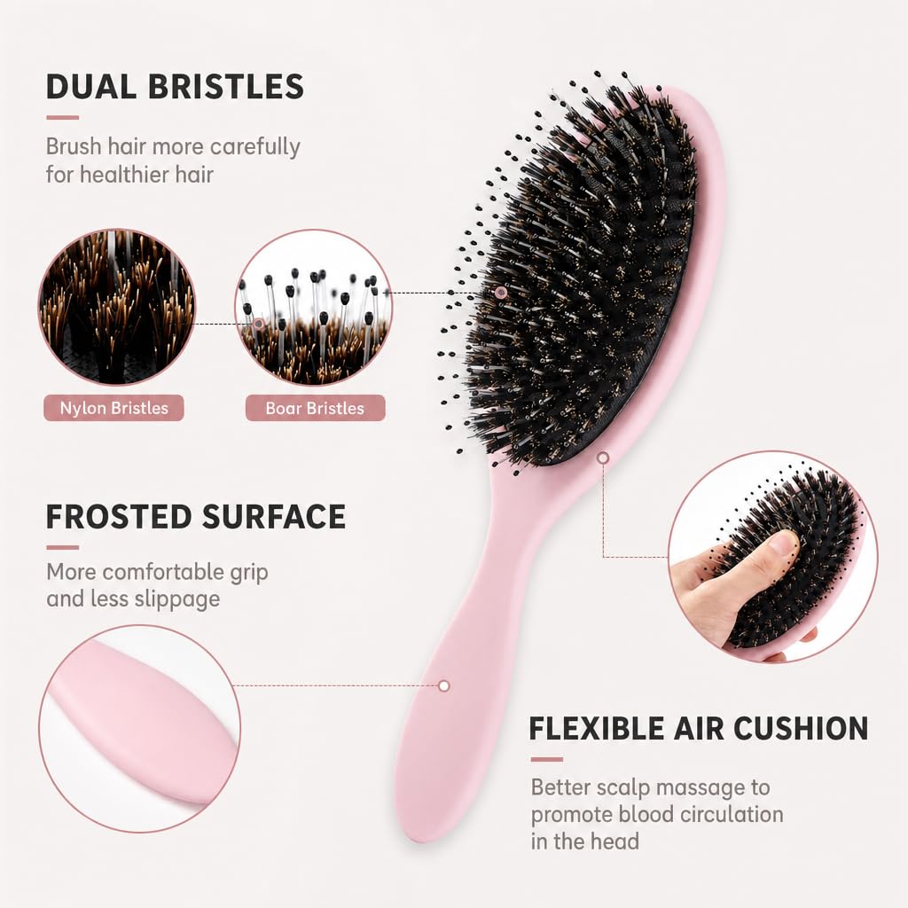 Boar Bristles Hair Brush for Women and Men, Detangling Hair Brush for Smoothing Massage Add Shine, Nylon&Boar Bristles Detangler brush for Hair Healthy (1 Pack-Pink)