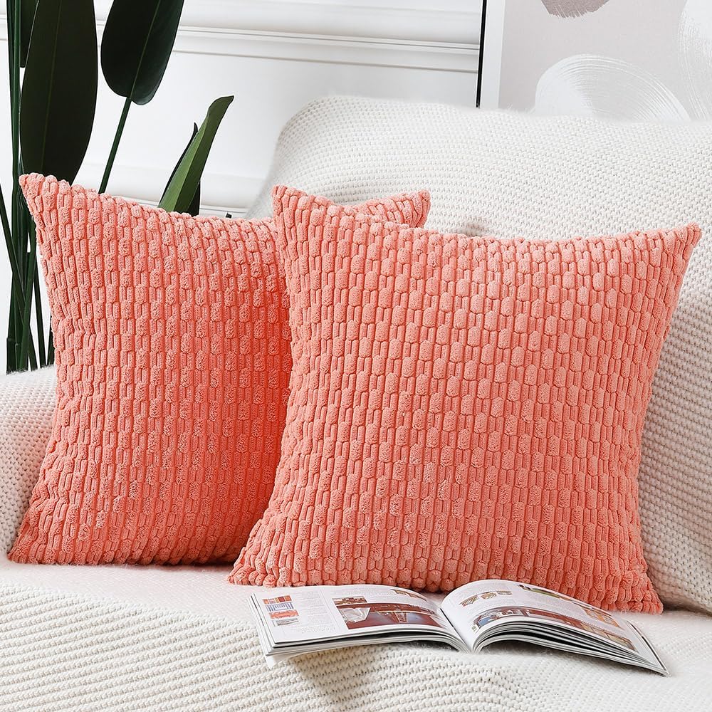 Pack of 2 Corduroy Decorative Throw Pillow Covers 16x16 Inch Coral Soft Boho Striped Couch Throw Pillows for Bed Pillowcases for Sofa Livingroom Home Decor