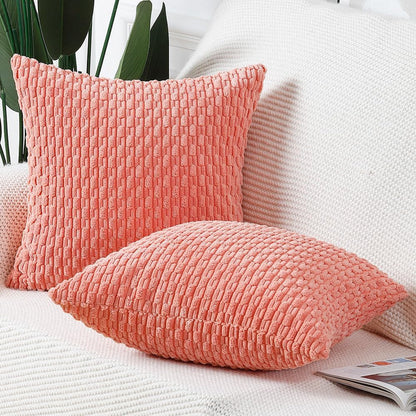 Pack of 2 Corduroy Decorative Throw Pillow Covers 16x16 Inch Coral Soft Boho Striped Couch Throw Pillows for Bed Pillowcases for Sofa Livingroom Home Decor