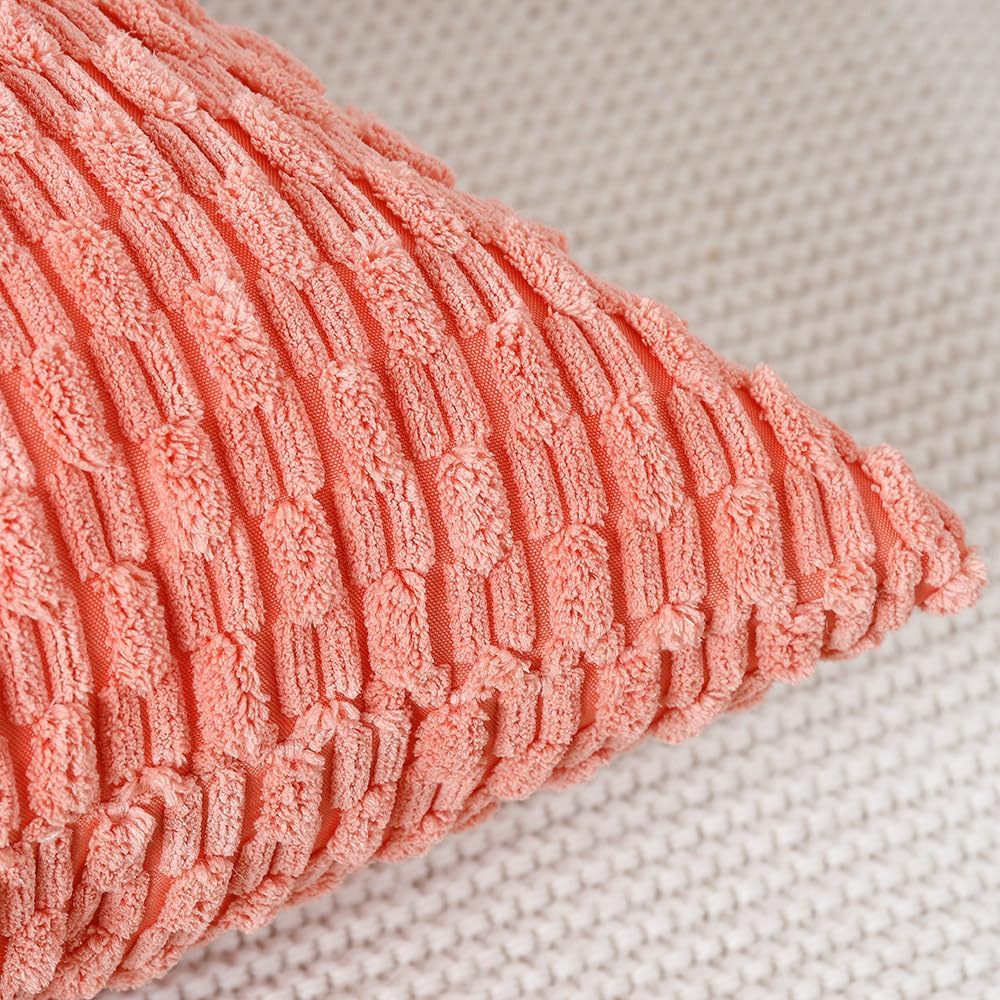 Pack of 2 Corduroy Decorative Throw Pillow Covers 16x16 Inch Coral Soft Boho Striped Couch Throw Pillows for Bed Pillowcases for Sofa Livingroom Home Decor
