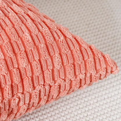 Pack of 2 Corduroy Decorative Throw Pillow Covers 16x16 Inch Coral Soft Boho Striped Couch Throw Pillows for Bed Pillowcases for Sofa Livingroom Home Decor