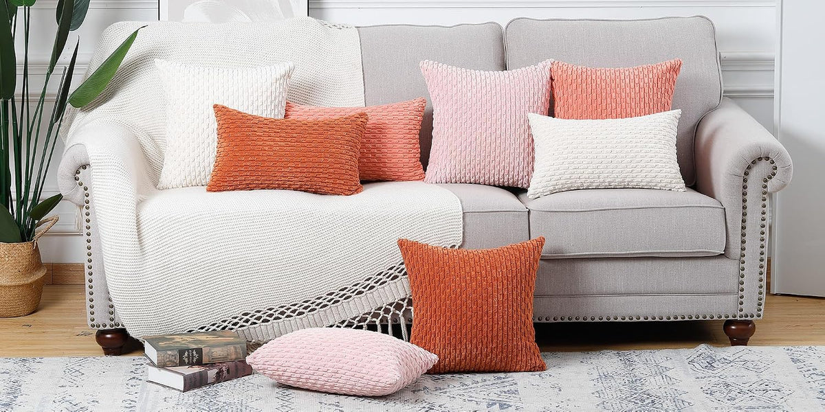 Pack of 2 Corduroy Decorative Throw Pillow Covers 16x16 Inch Coral Soft Boho Striped Couch Throw Pillows for Bed Pillowcases for Sofa Livingroom Home Decor