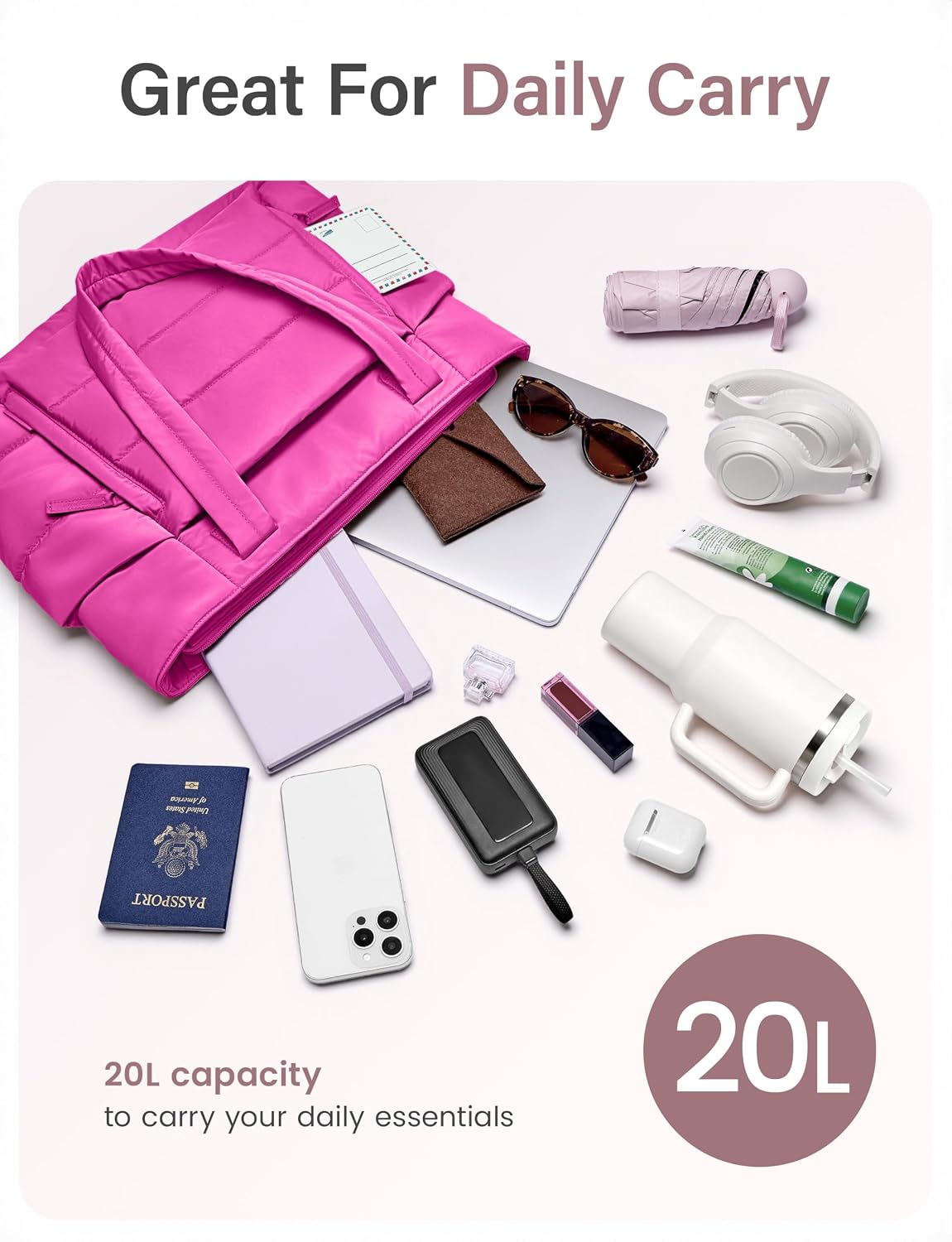 Tote Bag for Women with Zipper, Quilted Puffer Tote Bag with Compartments, Lightweight Puffy Work Bags for Women