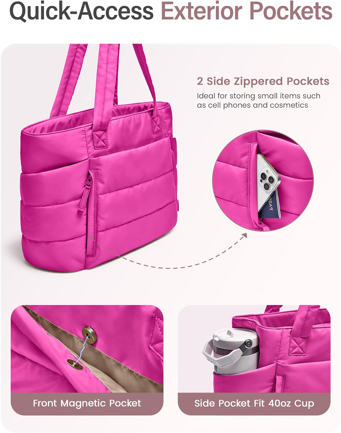 Tote Bag for Women with Zipper, Quilted Puffer Tote Bag with Compartments, Lightweight Puffy Work Bags for Women