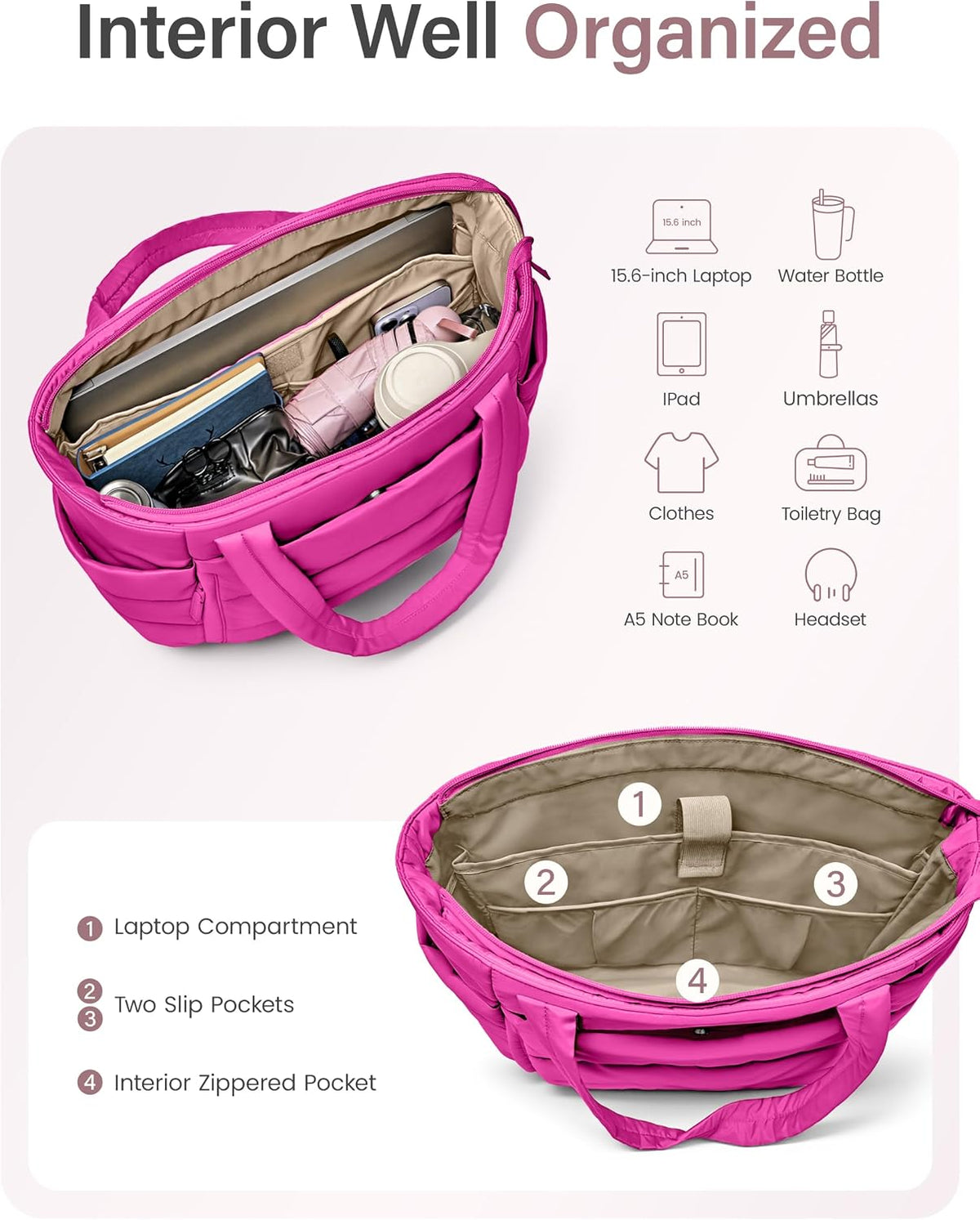 Tote Bag for Women with Zipper, Quilted Puffer Tote Bag with Compartments, Lightweight Puffy Work Bags for Women