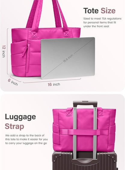 Tote Bag for Women with Zipper, Quilted Puffer Tote Bag with Compartments, Lightweight Puffy Work Bags for Women