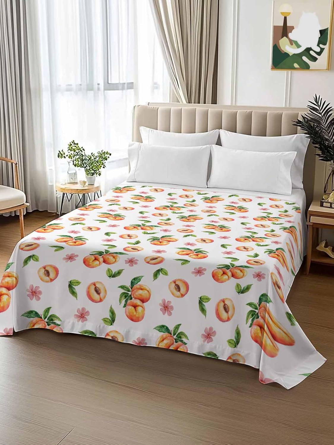 Flat Sheet Only Bedding Top Sheet Twin Summer Peaches Pink Flower Soft Microfiber Breathable Bed Sheets, Watercolor Floral Art Flat Sheets for Bedroom Sofa Men/Women