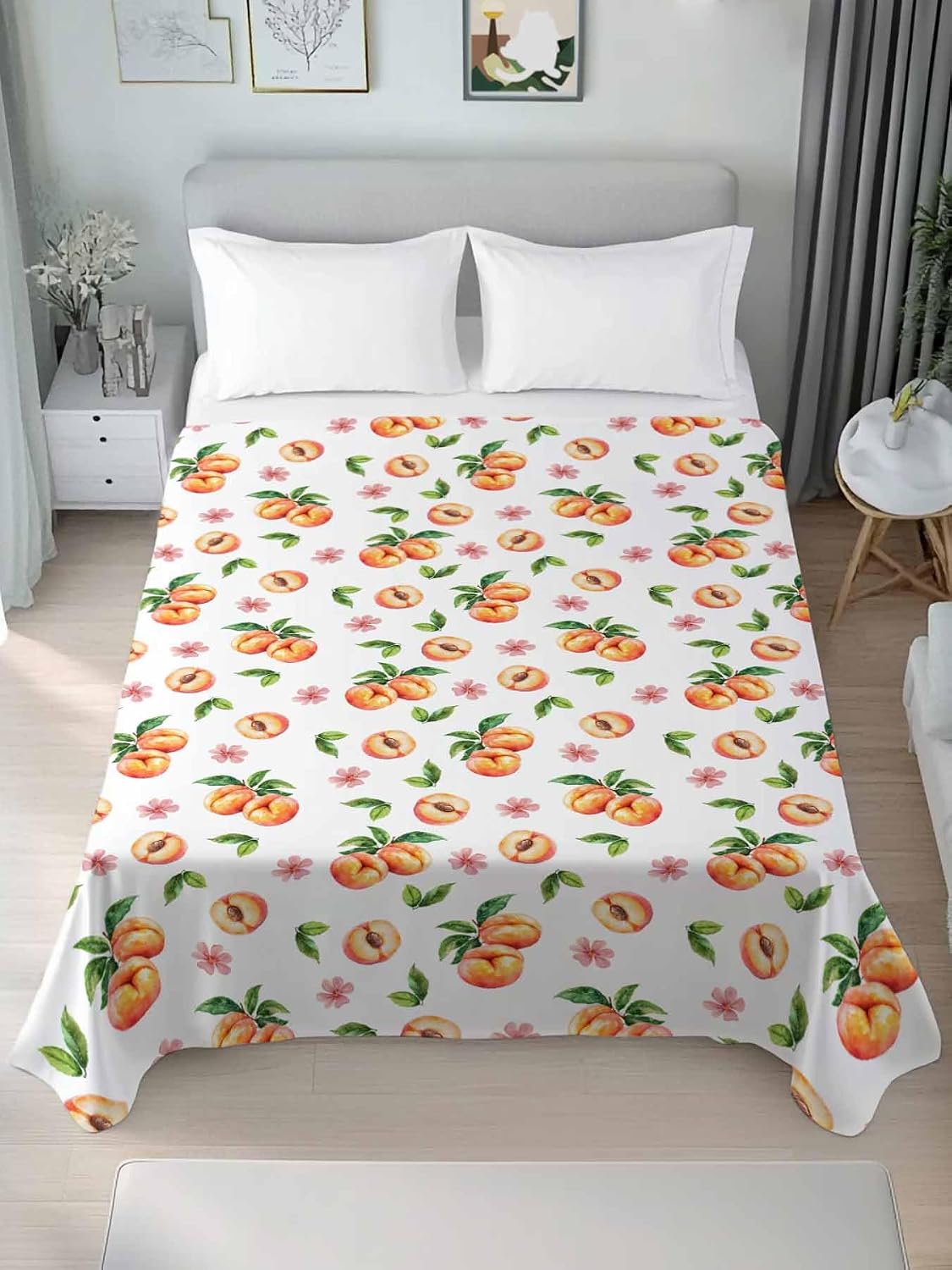 Flat Sheet Only Bedding Top Sheet Twin Summer Peaches Pink Flower Soft Microfiber Breathable Bed Sheets, Watercolor Floral Art Flat Sheets for Bedroom Sofa Men/Women
