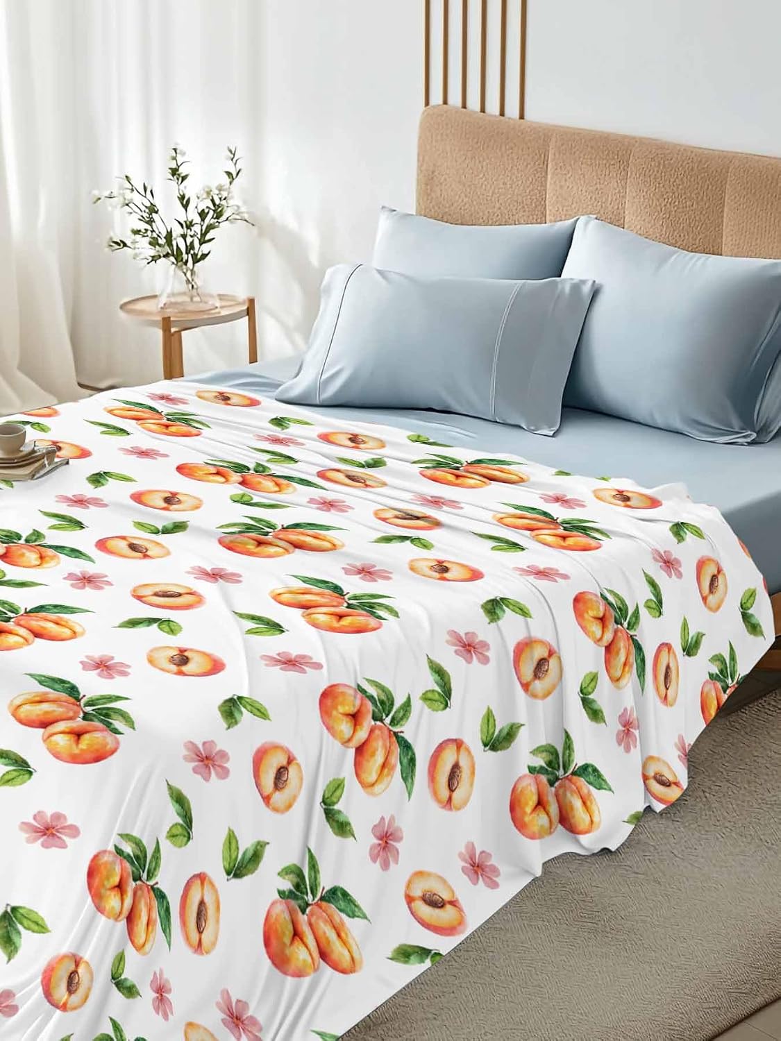 Flat Sheet Only Bedding Top Sheet Twin Summer Peaches Pink Flower Soft Microfiber Breathable Bed Sheets, Watercolor Floral Art Flat Sheets for Bedroom Sofa Men/Women