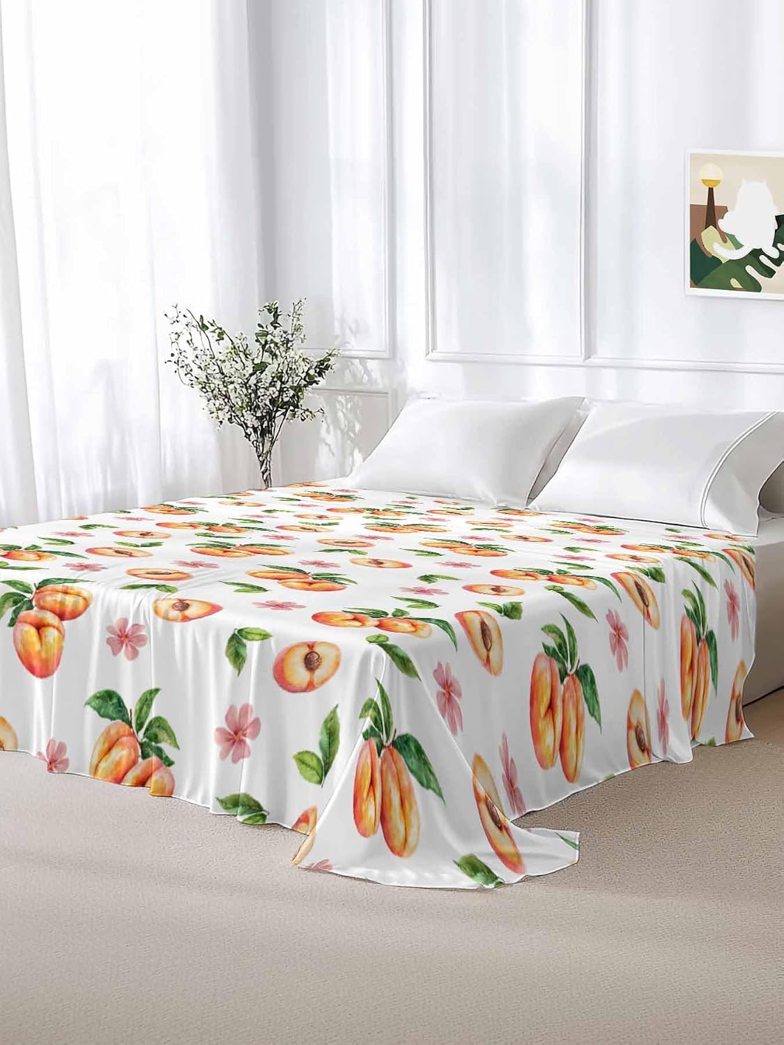 Flat Sheet Only Bedding Top Sheet Twin Summer Peaches Pink Flower Soft Microfiber Breathable Bed Sheets, Watercolor Floral Art Flat Sheets for Bedroom Sofa Men/Women