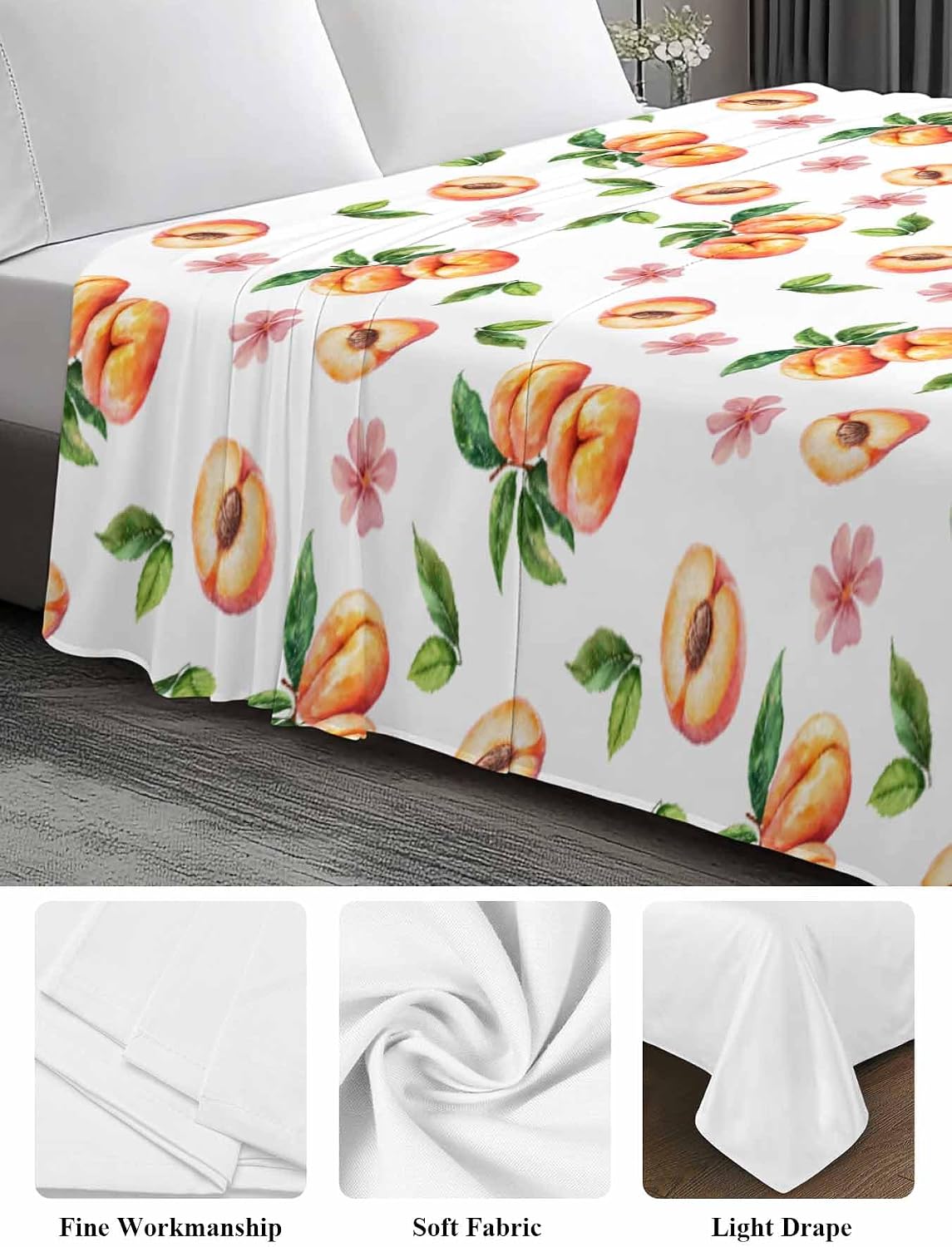 Flat Sheet Only Bedding Top Sheet Twin Summer Peaches Pink Flower Soft Microfiber Breathable Bed Sheets, Watercolor Floral Art Flat Sheets for Bedroom Sofa Men/Women