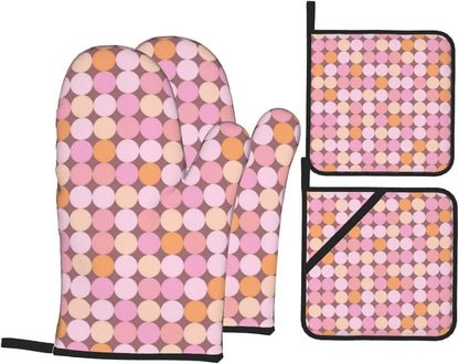 4 Pieces Oven Mitt and Pot Holder Sets, Pink and Orange Polka Dots Oven Mitts Set Heat Resistant Baking Gloves Kitchen Microwave for Cooking, BBQ