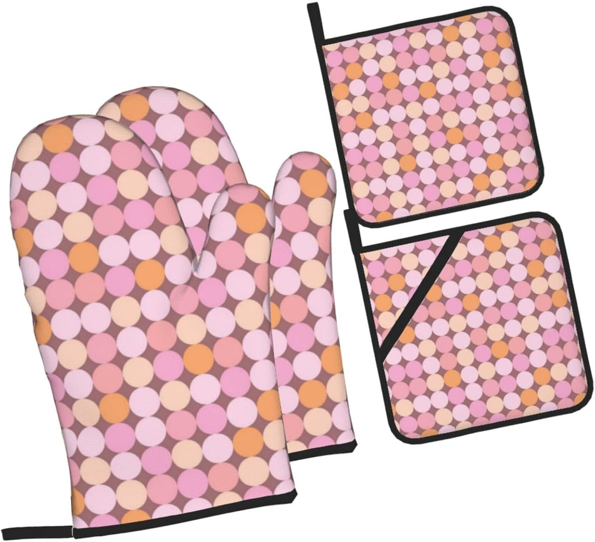 4 Pieces Oven Mitt and Pot Holder Sets, Pink and Orange Polka Dots Oven Mitts Set Heat Resistant Baking Gloves Kitchen Microwave for Cooking, BBQ