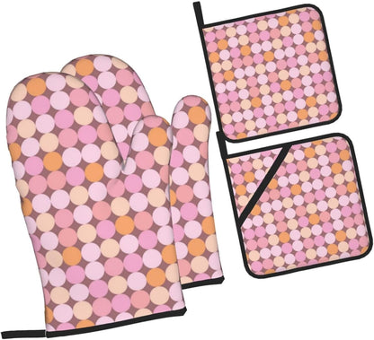 4 Pieces Oven Mitt and Pot Holder Sets, Pink and Orange Polka Dots Oven Mitts Set Heat Resistant Baking Gloves Kitchen Microwave for Cooking, BBQ