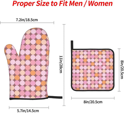 4 Pieces Oven Mitt and Pot Holder Sets, Pink and Orange Polka Dots Oven Mitts Set Heat Resistant Baking Gloves Kitchen Microwave for Cooking, BBQ