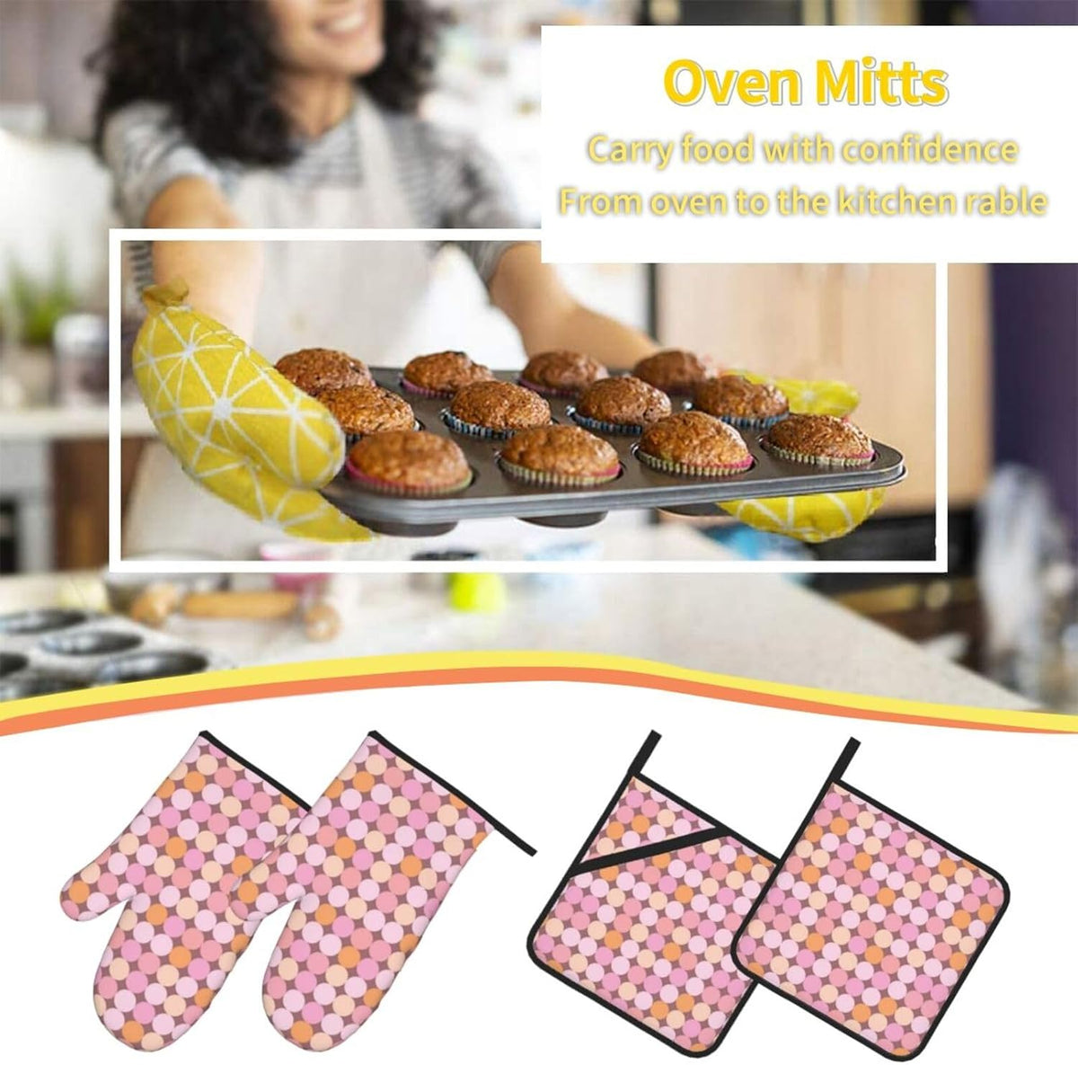 4 Pieces Oven Mitt and Pot Holder Sets, Pink and Orange Polka Dots Oven Mitts Set Heat Resistant Baking Gloves Kitchen Microwave for Cooking, BBQ