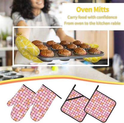 4 Pieces Oven Mitt and Pot Holder Sets, Pink and Orange Polka Dots Oven Mitts Set Heat Resistant Baking Gloves Kitchen Microwave for Cooking, BBQ