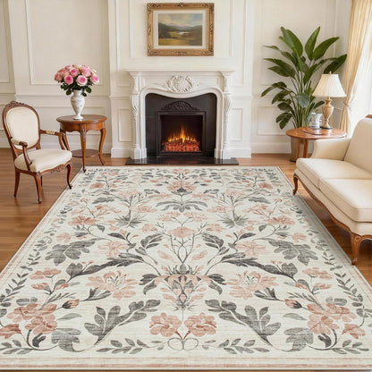 8x10 Area Rugs Boho Floral Washable Living Room Rug Neutral Carpet Bedroom