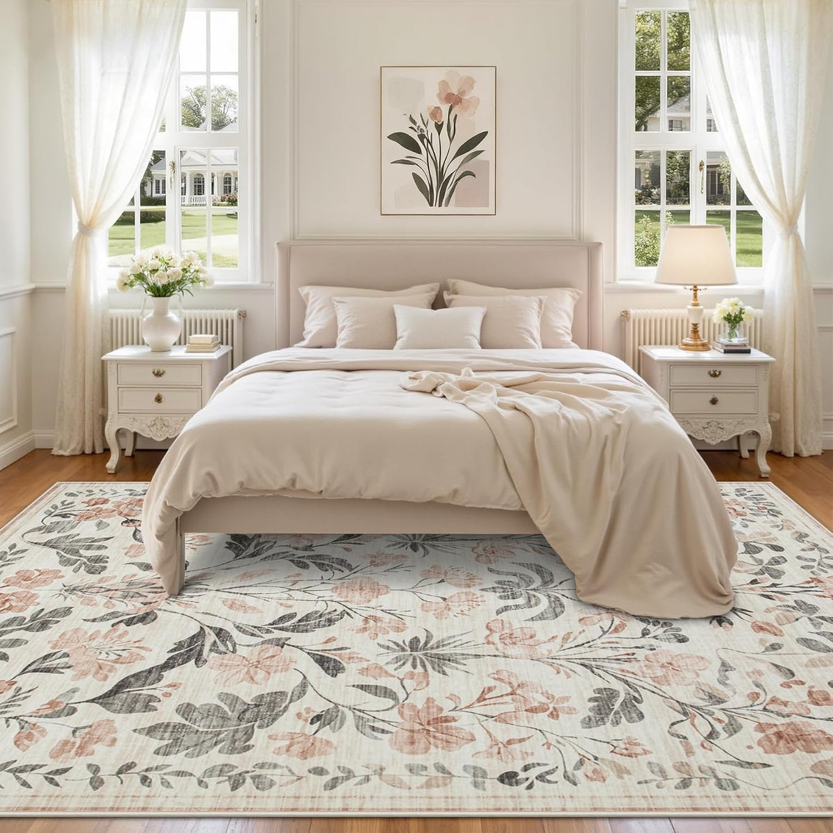 8x10 Area Rugs Boho Floral Washable Living Room Rug Neutral Carpet Bedroom