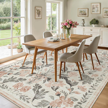8x10 Area Rugs Boho Floral Washable Living Room Rug Neutral Carpet Bedroom