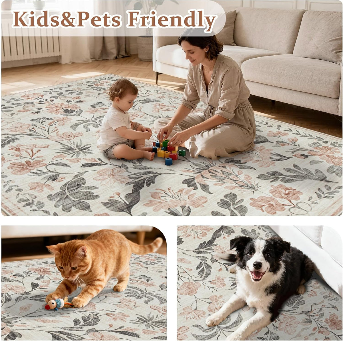 8x10 Area Rugs Boho Floral Washable Living Room Rug Neutral Carpet Bedroom