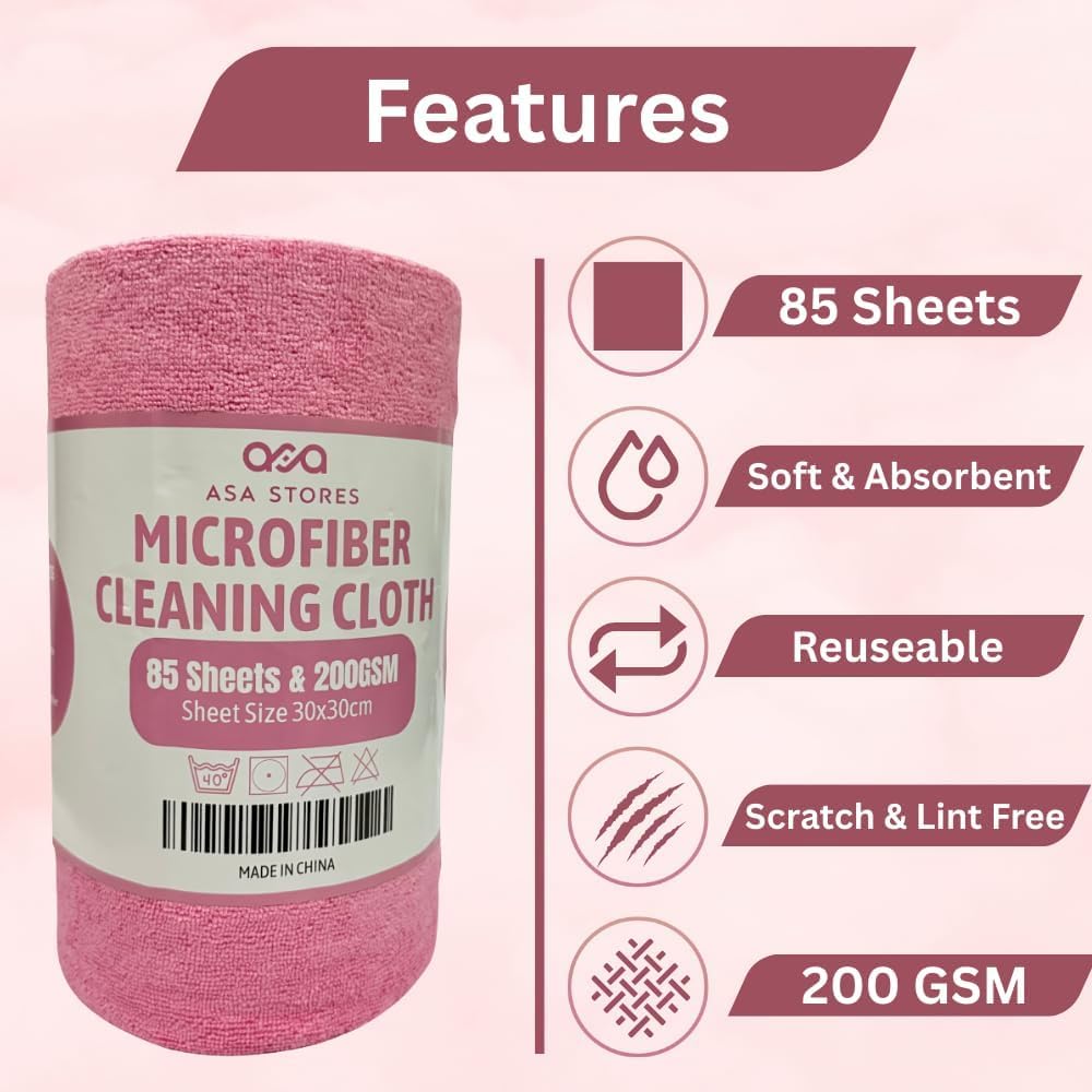 Microfiber Cleaning Cloth Roll – 85 Sheets, 200 GSM Reusable Paper Towels Roll, Absorbent Microfiber Towel Roll for Kitchen, Dishes & Home Cleaning – Pink