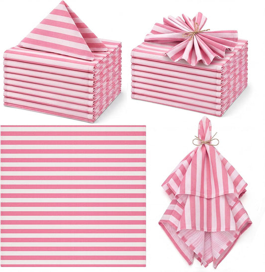12 Pcs Pink and White Striped Cloth Napkins Reusable Napkins Party Dinner Soft Absorbent for Home Table Decoration Holiday Party Kitchen Supplies
