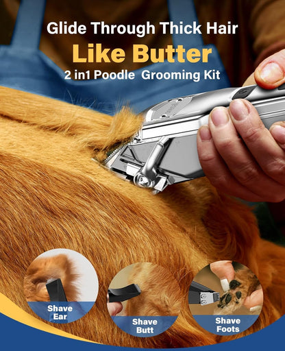oneisall Dog Grooming Kit for Heavy Thick Hair, with Stainless Steel Blade and Paw Trimmer, Low Noise Rechargeable Cordless Waterproof Dog Clippers for Grooming Animals&Pets
