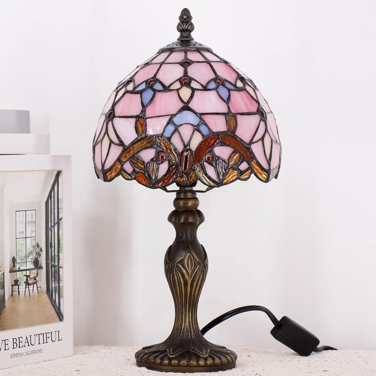 Small Tiffany Stained Glass Table Lamp,Pink Baroque
