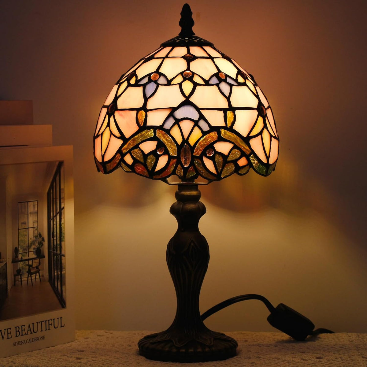 Small Tiffany Stained Glass Table Lamp,Pink Baroque