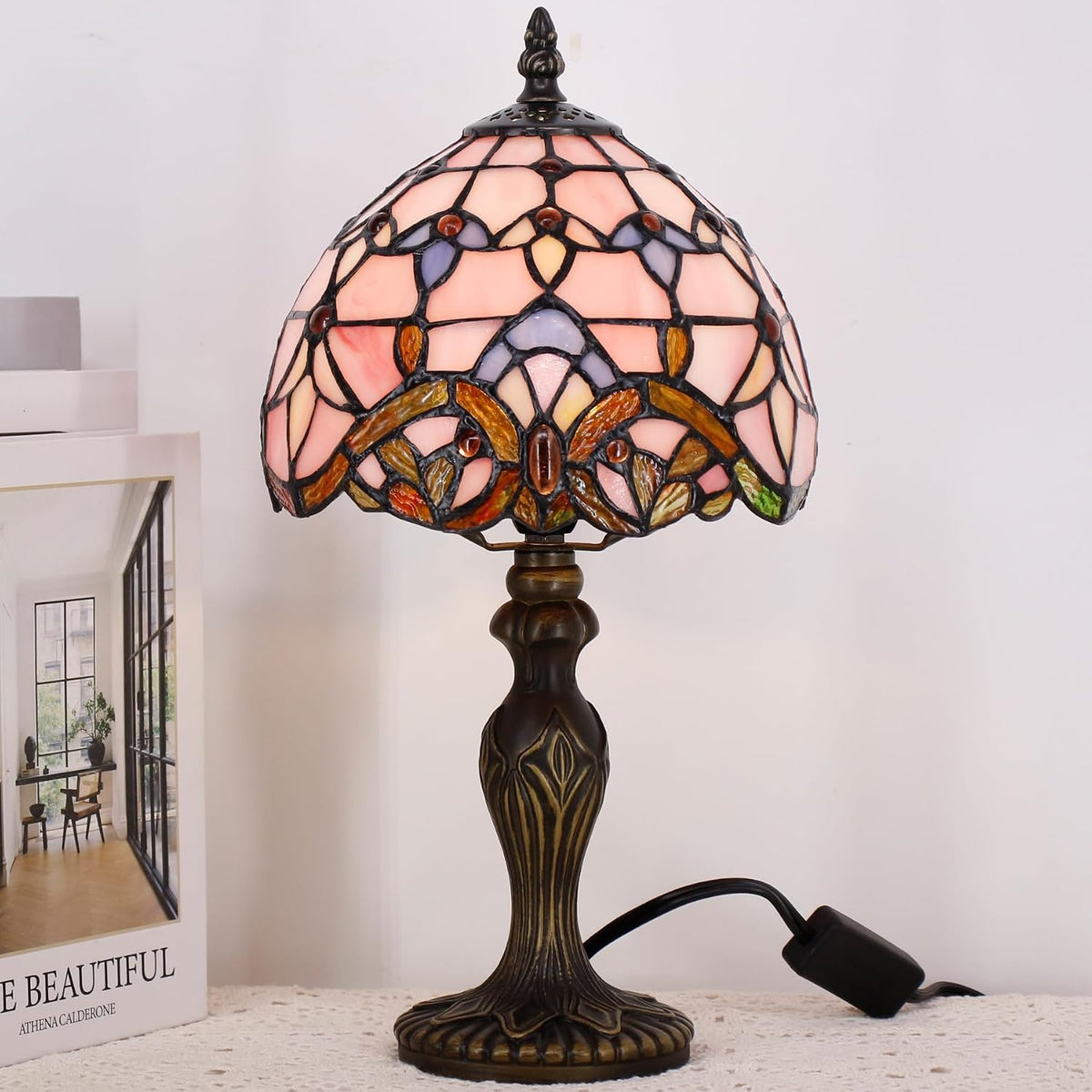 Small Tiffany Stained Glass Table Lamp,Pink Baroque