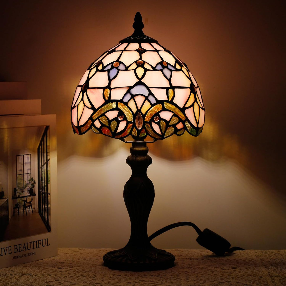 Small Tiffany Stained Glass Table Lamp,Pink Baroque