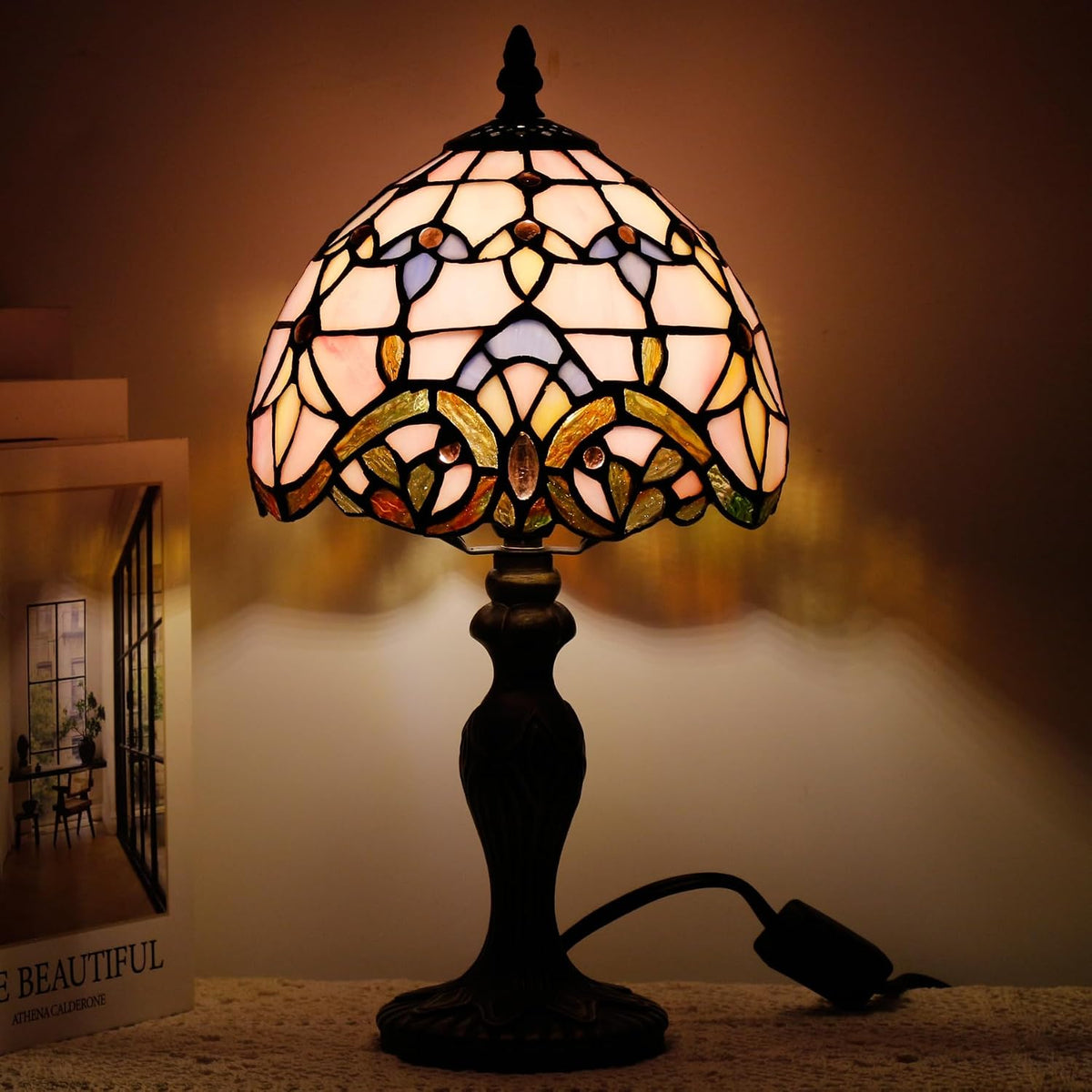 Small Tiffany Stained Glass Table Lamp,Pink Baroque