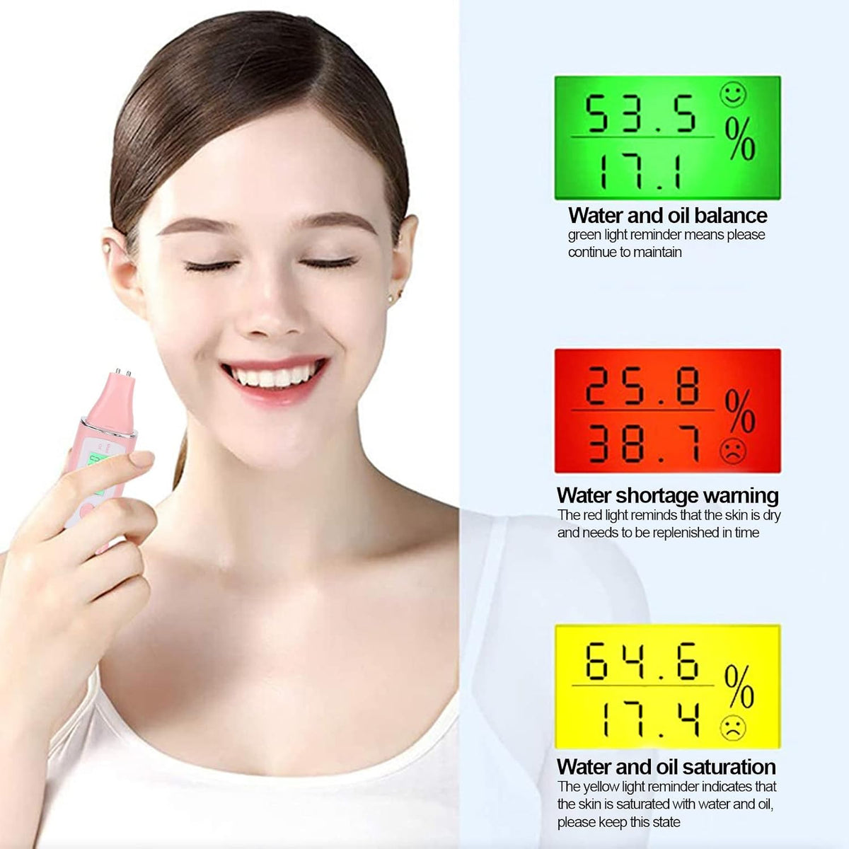 Skin Hydration Tester, Portable Skin Moisturizer Water Oil Tester,Digital LCD Smart Display Skinly Hydration for Face Care Beauty (Pink)